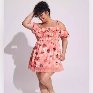 Torrid Mini Dress Smocked Orange Floral Off Shoulder Ruffle Size 1 1X 14 16